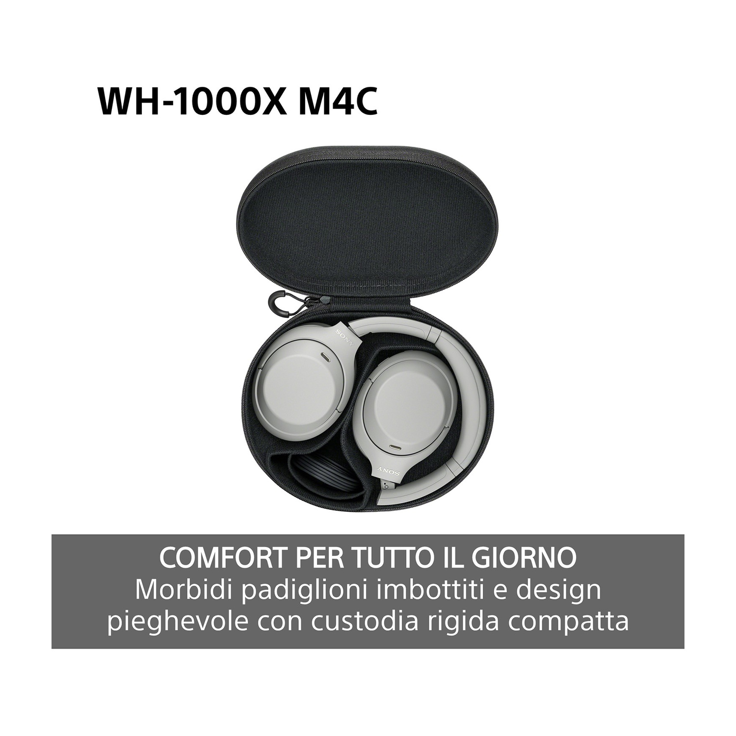 Cuffie grigie Sony ripiegate ordinatamente in una custodia rigida nera aperta.