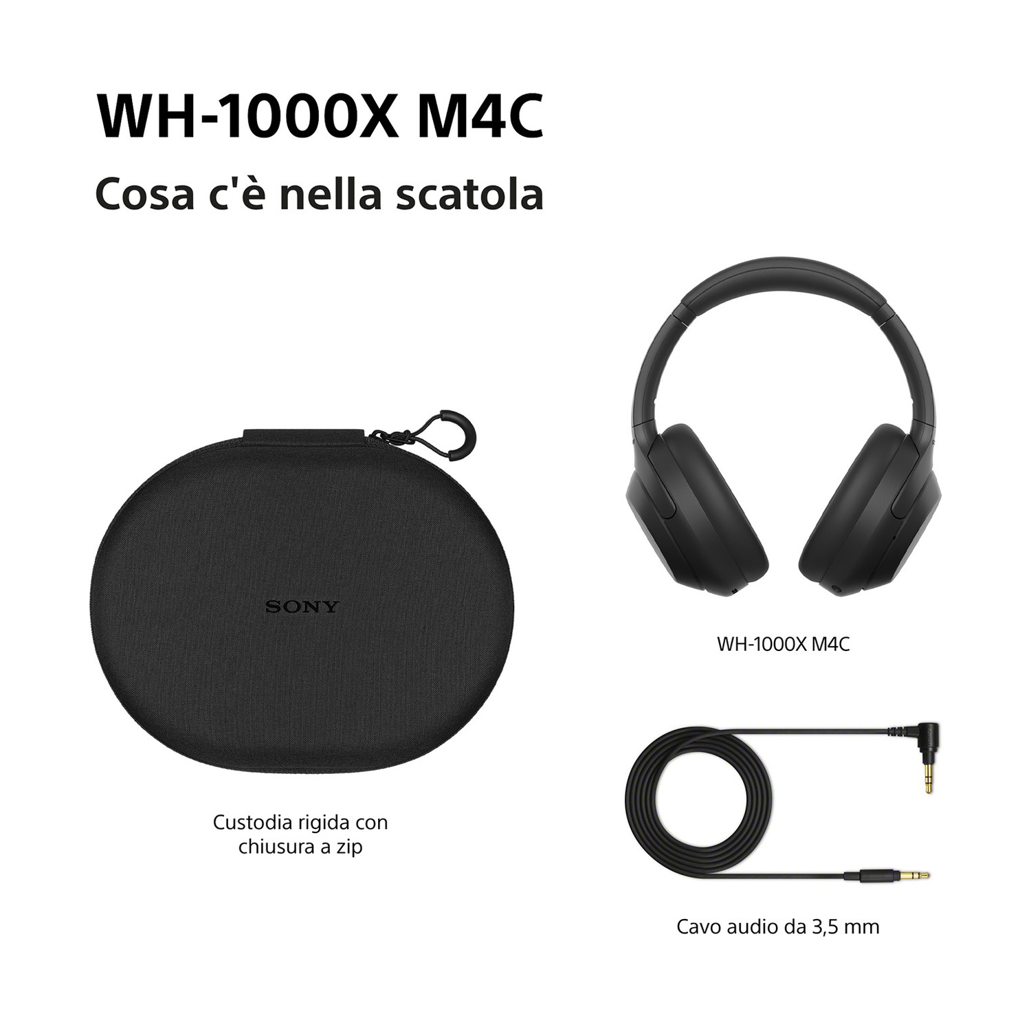 Cuffie Sony WH-1000XM4C, custodia rigida con cerniera e cavo audio da 3,5 mm su sfondo bianco.