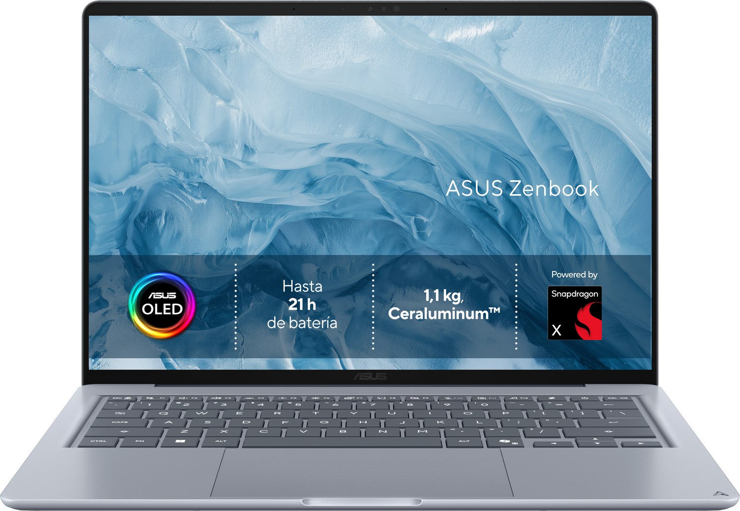 Portátil ASUS Zenbook con pantalla azul, OLED y logo de Snapdragon.