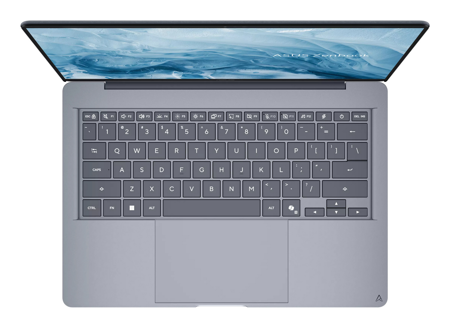 Vista superior de un portátil Asus Zenbook con teclado gris y pantalla azul.