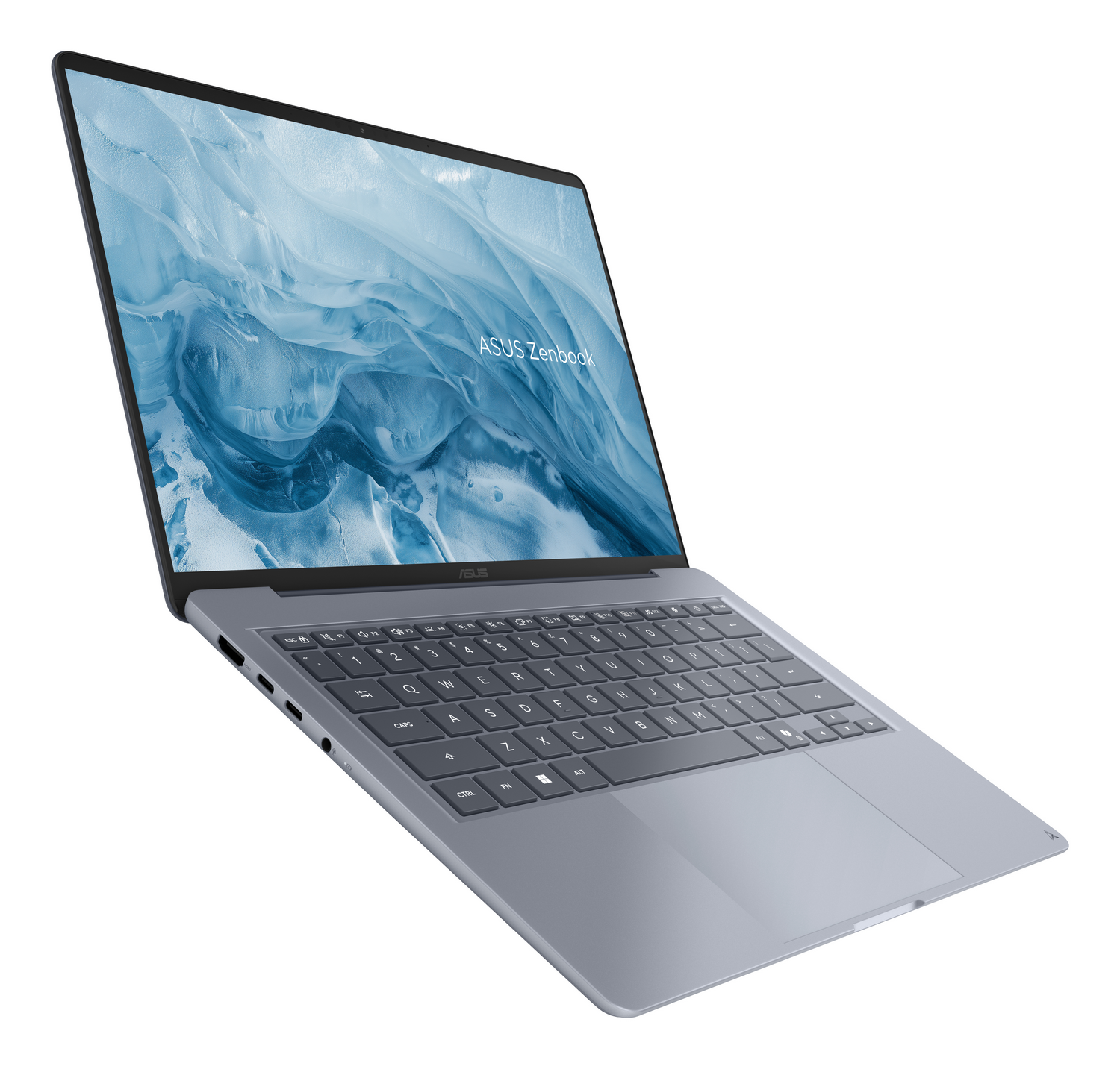 Una vista inclinada de una computadora portátil ASUS Zenbook plateada que muestra el teclado y la pantalla azul.