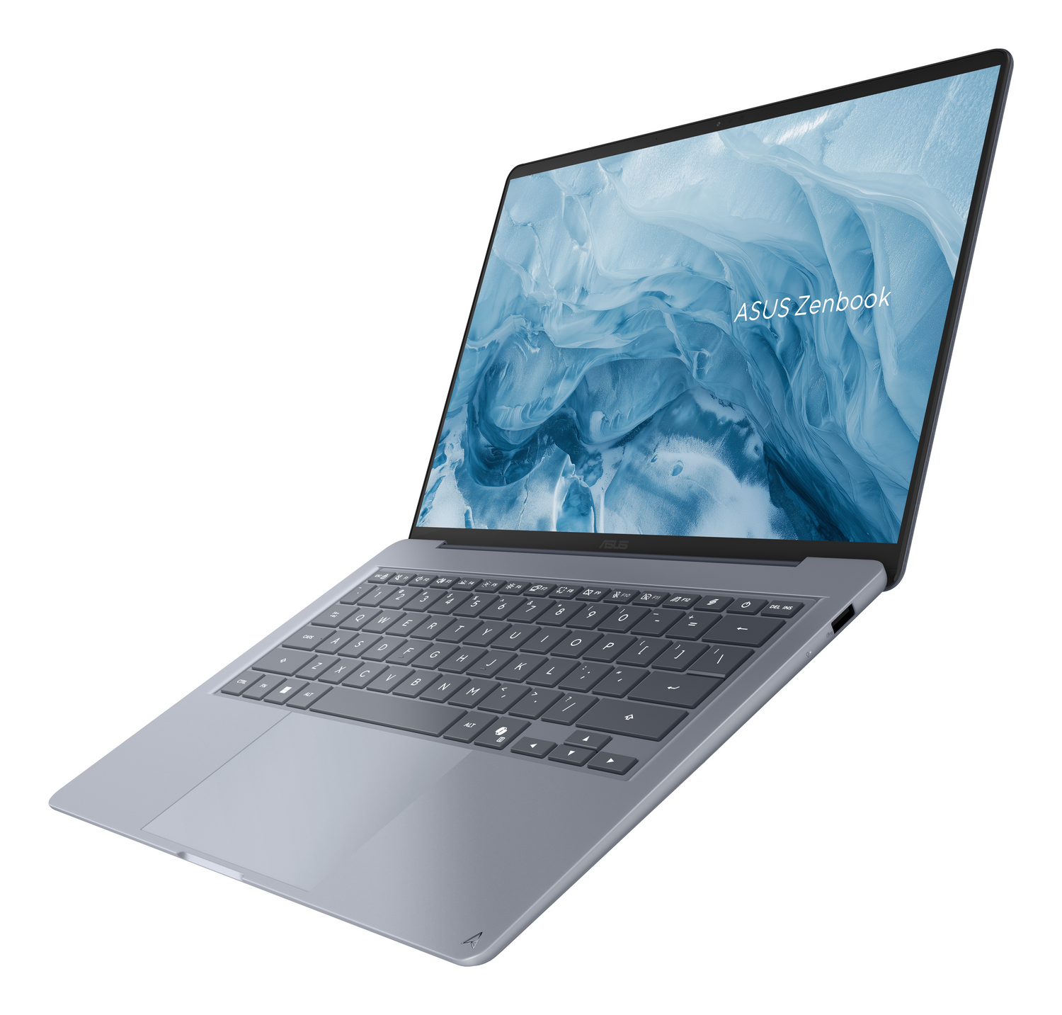 Un ordenador portátil ASUS Zenbook plateado con fondo de ondas azules en la pantalla.