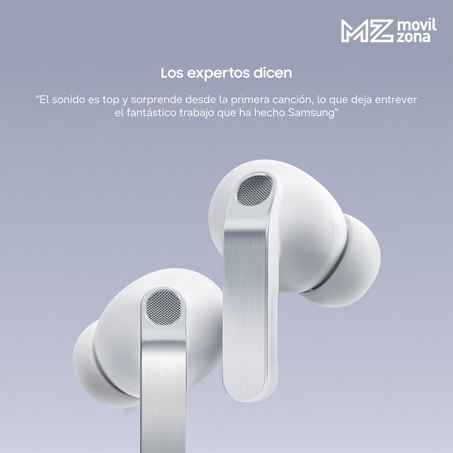 Dos auriculares inalámbricos blancos con detalles plateados sobre fondo gris con texto.