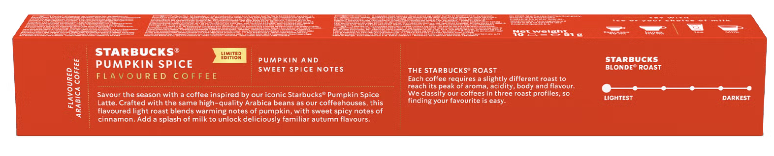 Rote Kaffeekapselverpackung von Starbucks mit der Aufschrift Pumpkin Spice Flavoured Coffee.