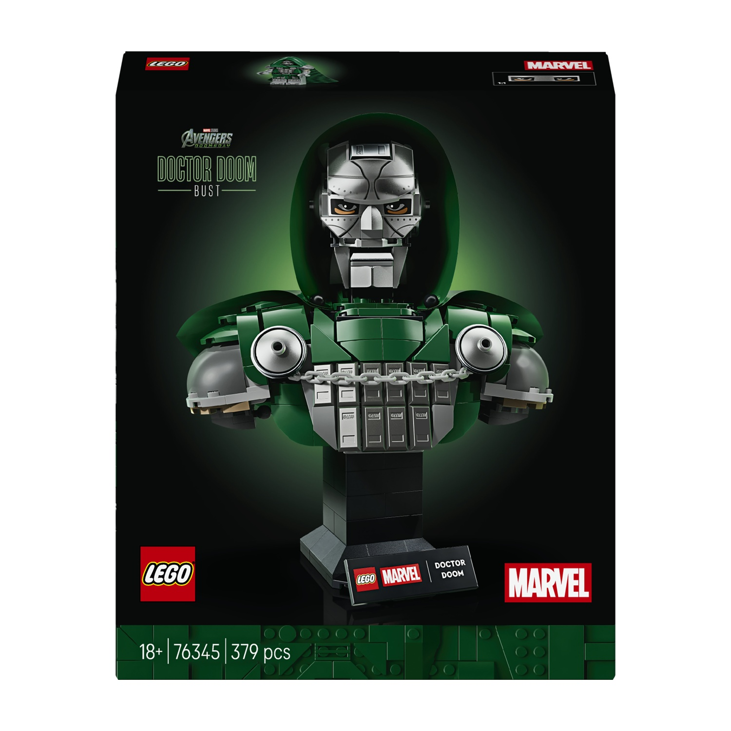 Busto di Doctor Doom LEGO Marvel Avengers in scatola verde con elmo argento e catena.