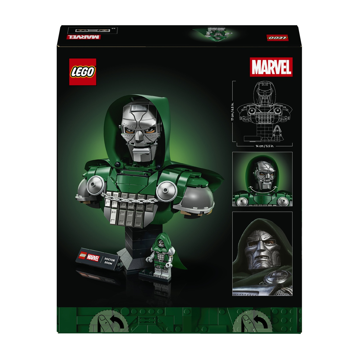 Scatola set Lego Marvel con busto di Doctor Doom e minifigura.