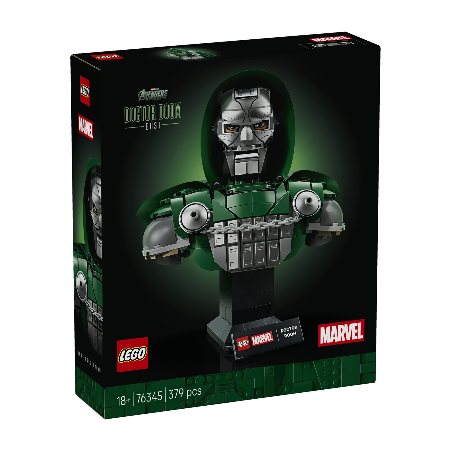 Set busto Doctor Doom LEGO Marvel su confezione nera con dettagli verdi.