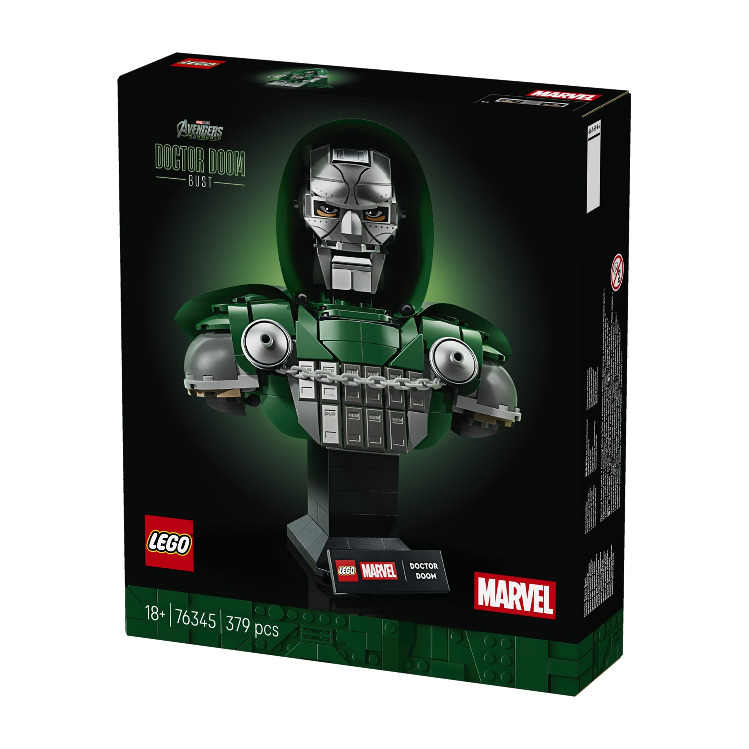 Scatola Lego nera che mostra il busto di Marvel Doctor Doom con cappuccio verde, maschera e catena.