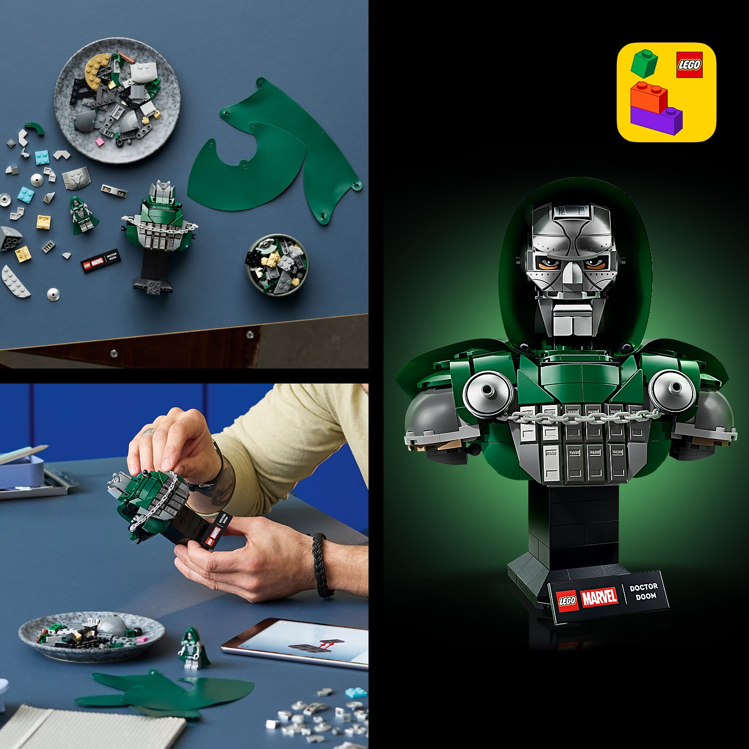 Busto Lego di Doctor Doom con mantello verde e maschera d'argento, circondato da mattoncini e mani che assemblano.