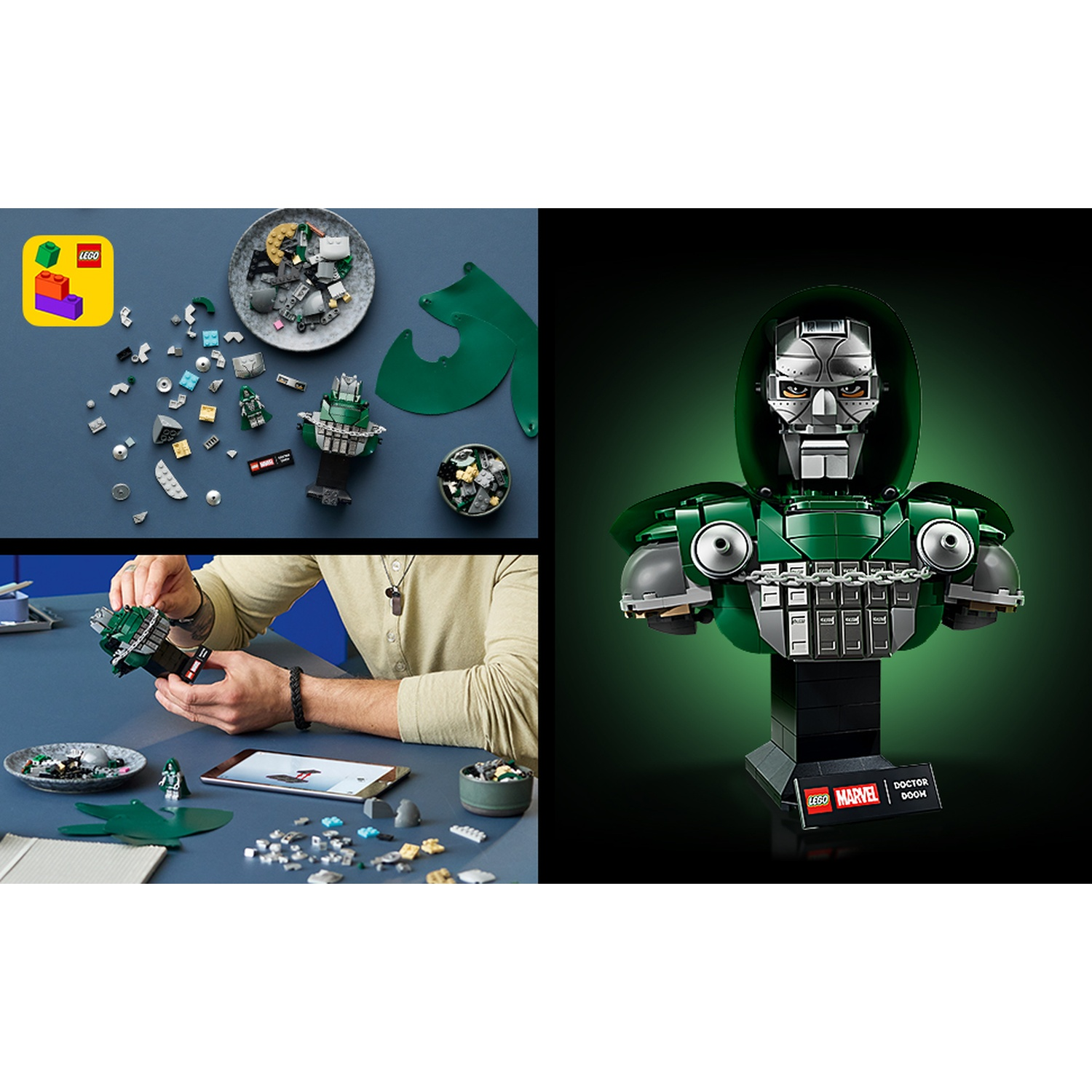 Busto Lego Marvel Doctor Doom e fasi di costruzione sul tavolo.