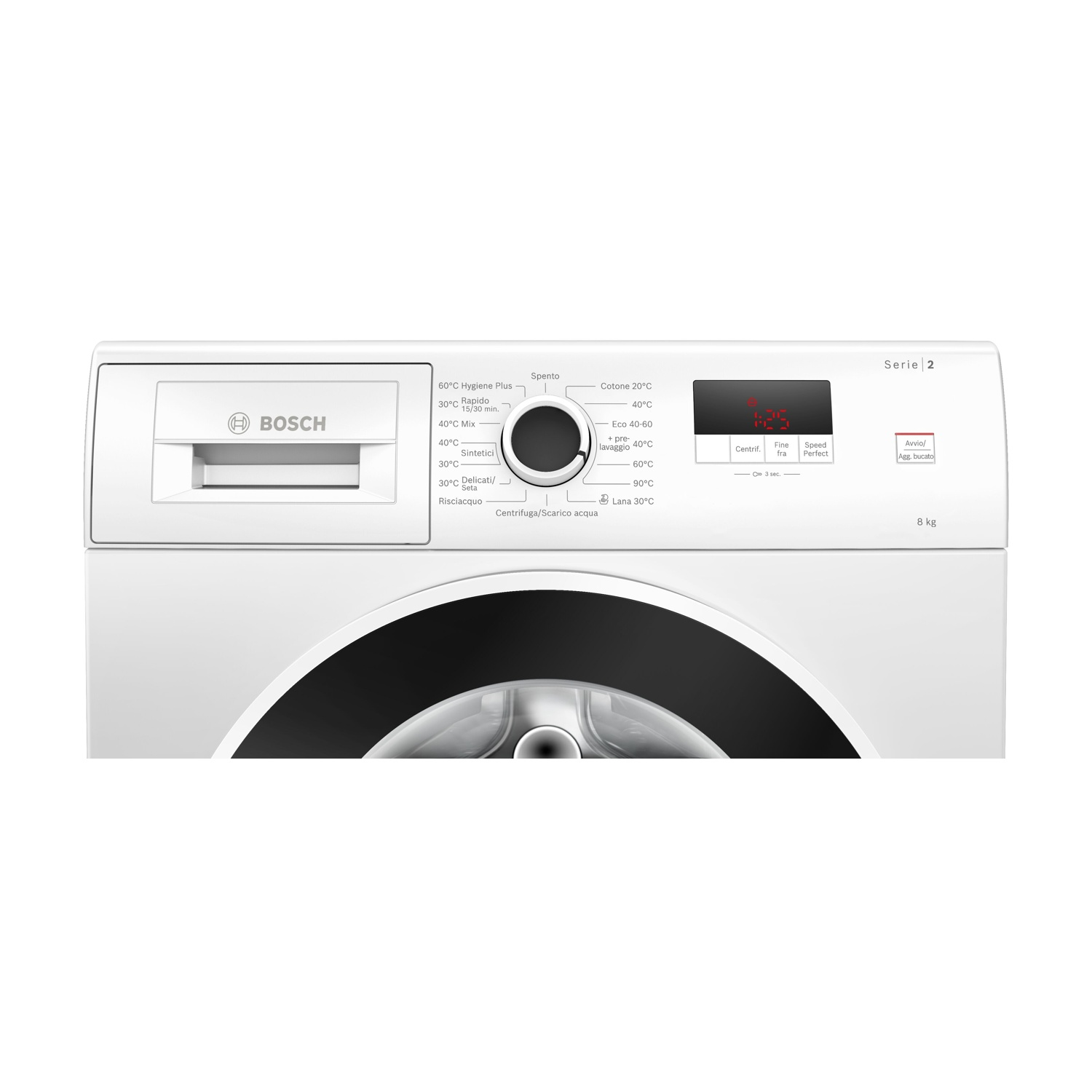Pannello di controllo di una lavatrice bianca Bosch Serie 2 con manopola centrale, display digitale e cassetto detersivo.