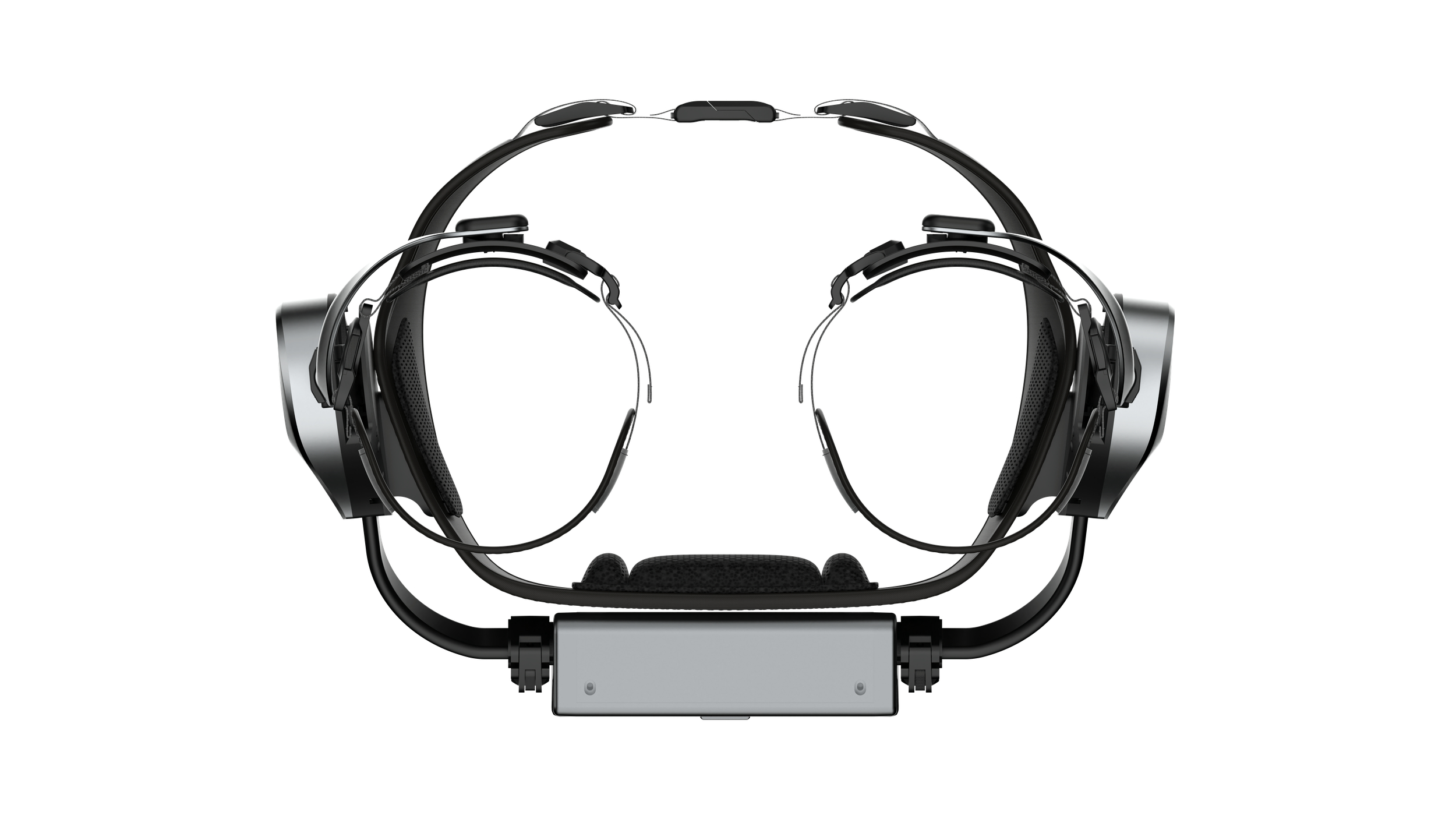 Ein schwarzes und silbernes Headset oder VR-Gerät, frontal auf weißem Hintergrund dargestellt.