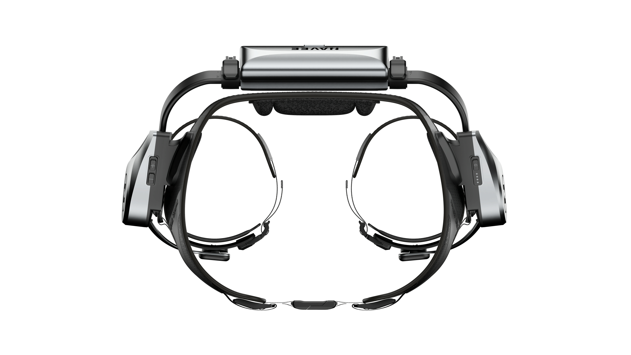 Ein schwarzes VR-Headset von oben auf weißem Hintergrund mit silbernen Akzenten.