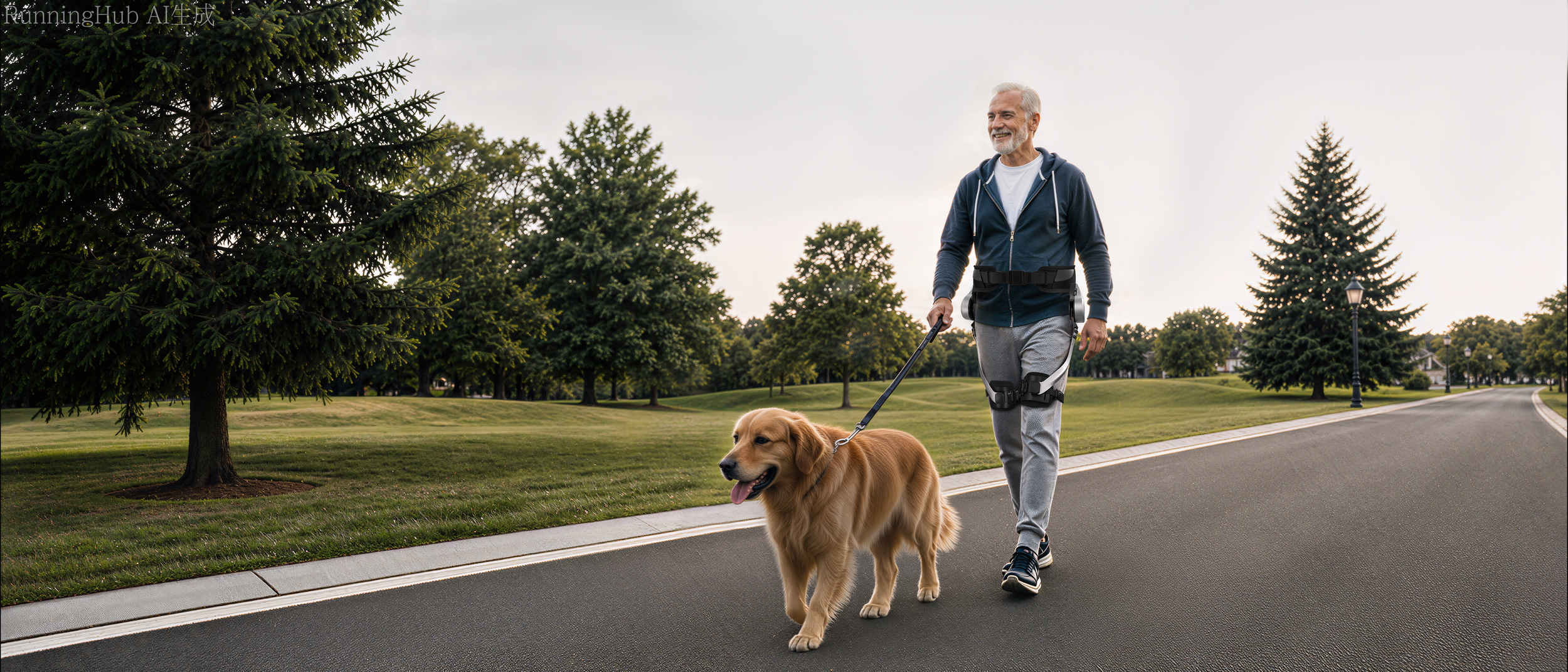 Ein älterer Mann mit einem tragbaren Exoskelett geht mit einem Golden Retriever auf einem Parkweg.