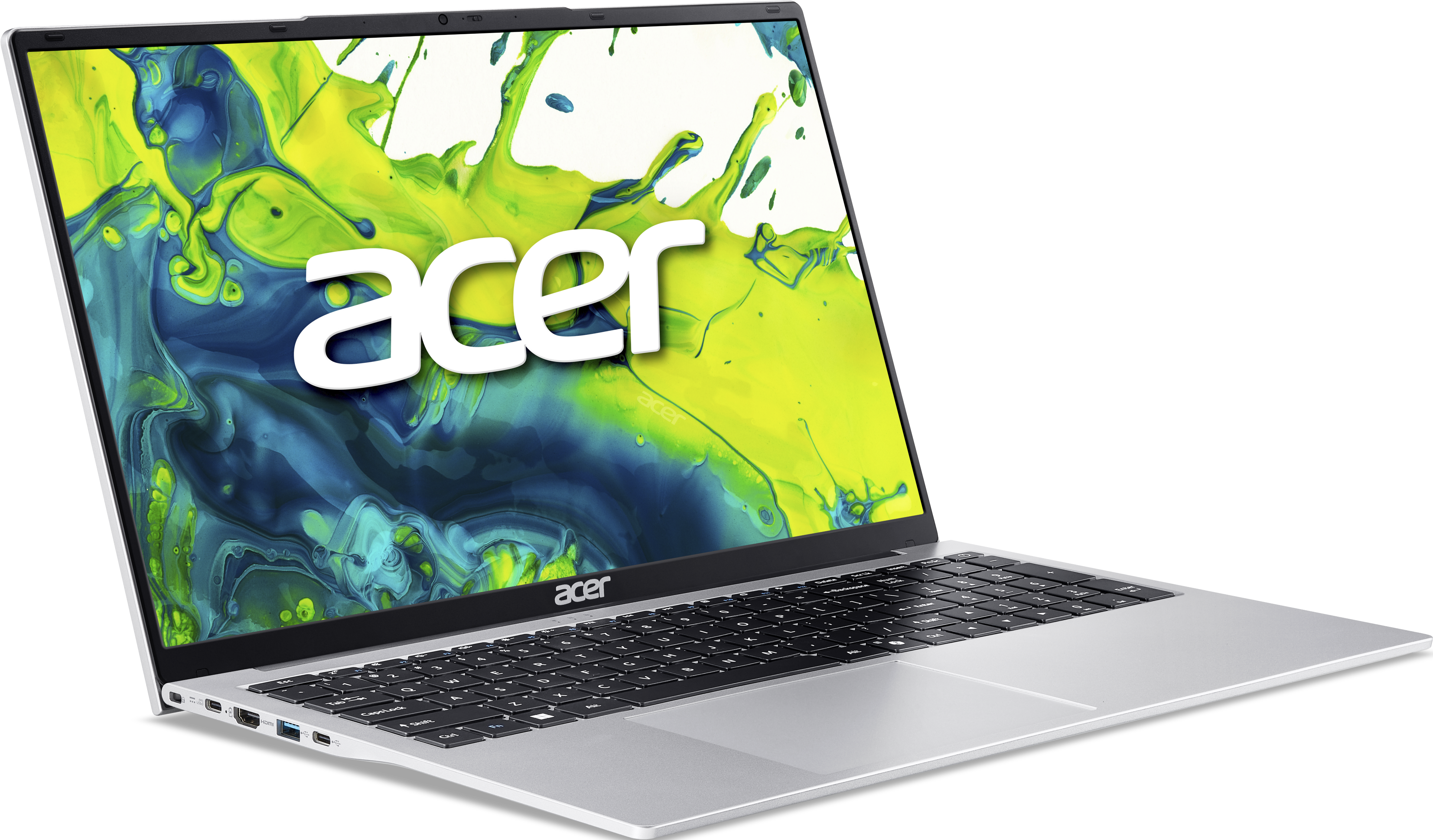 Ordinateur portable Acer argenté affichant un fond coloré sur fond noir.