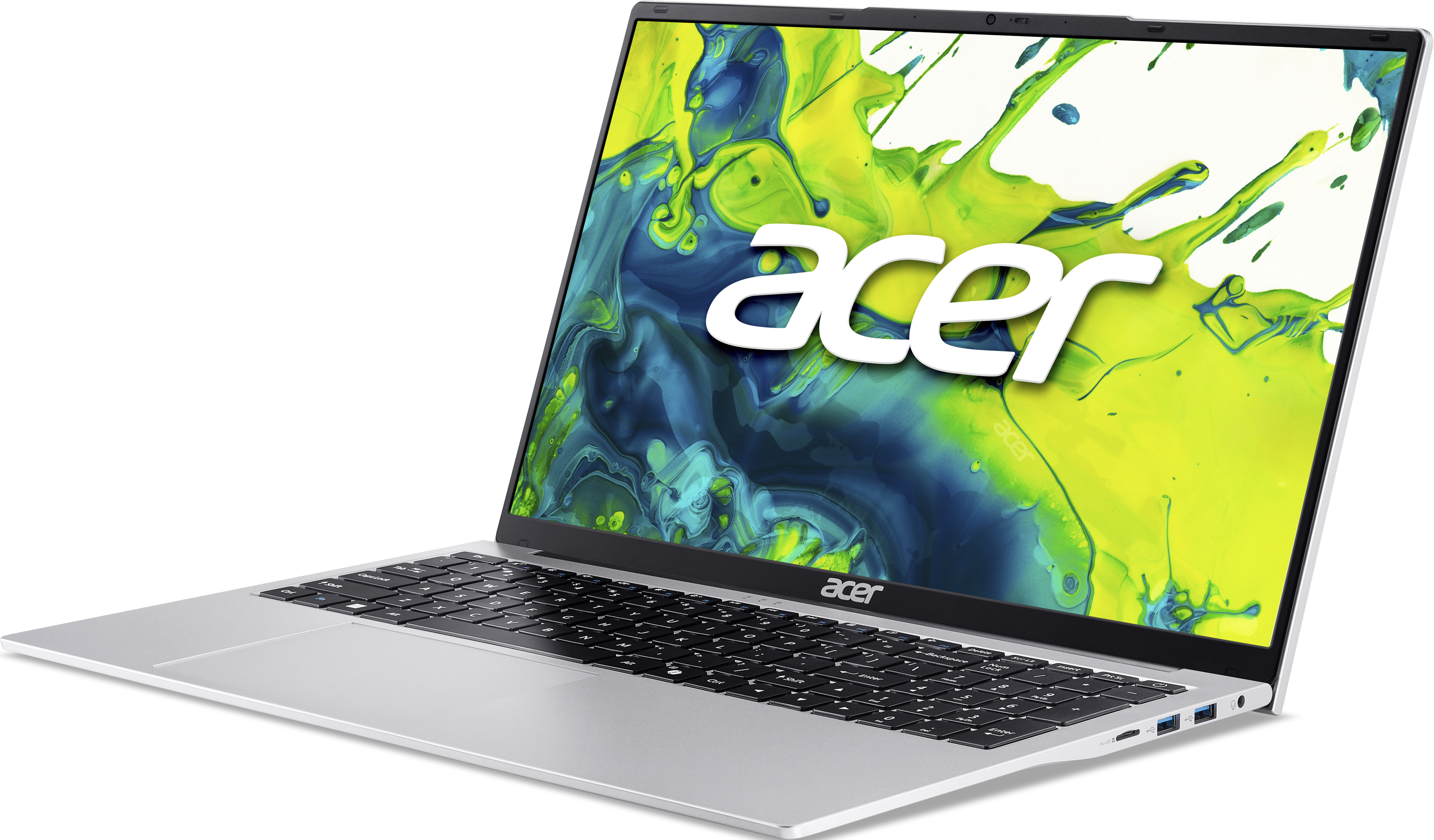 Ordinateur portable Acer argenté affichant un fond d'écran abstrait vert et bleu sur fond noir.