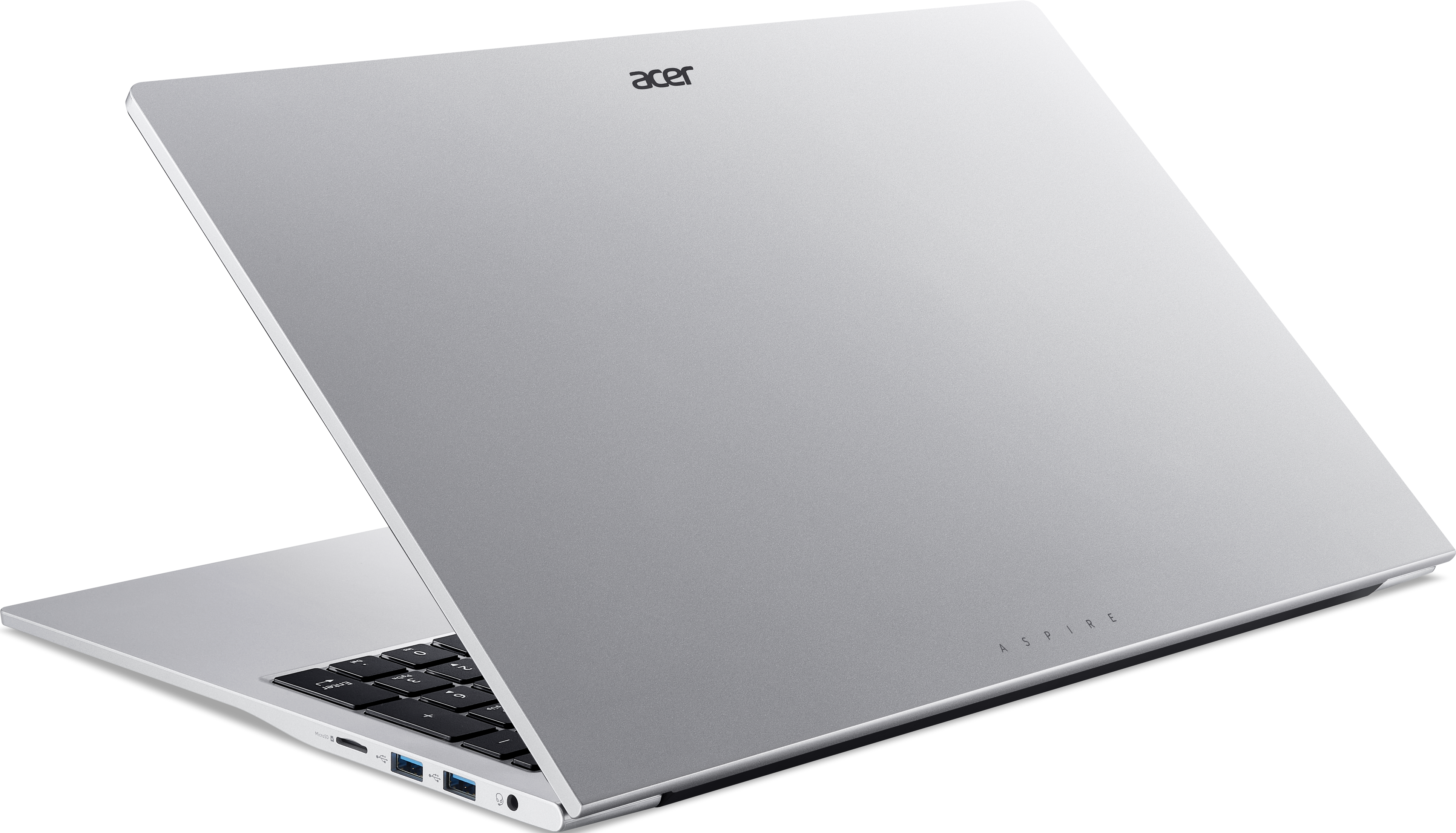 Un ordinateur portable Acer Aspire argenté sur fond noir, vu de l'arrière droit avec ports visibles.