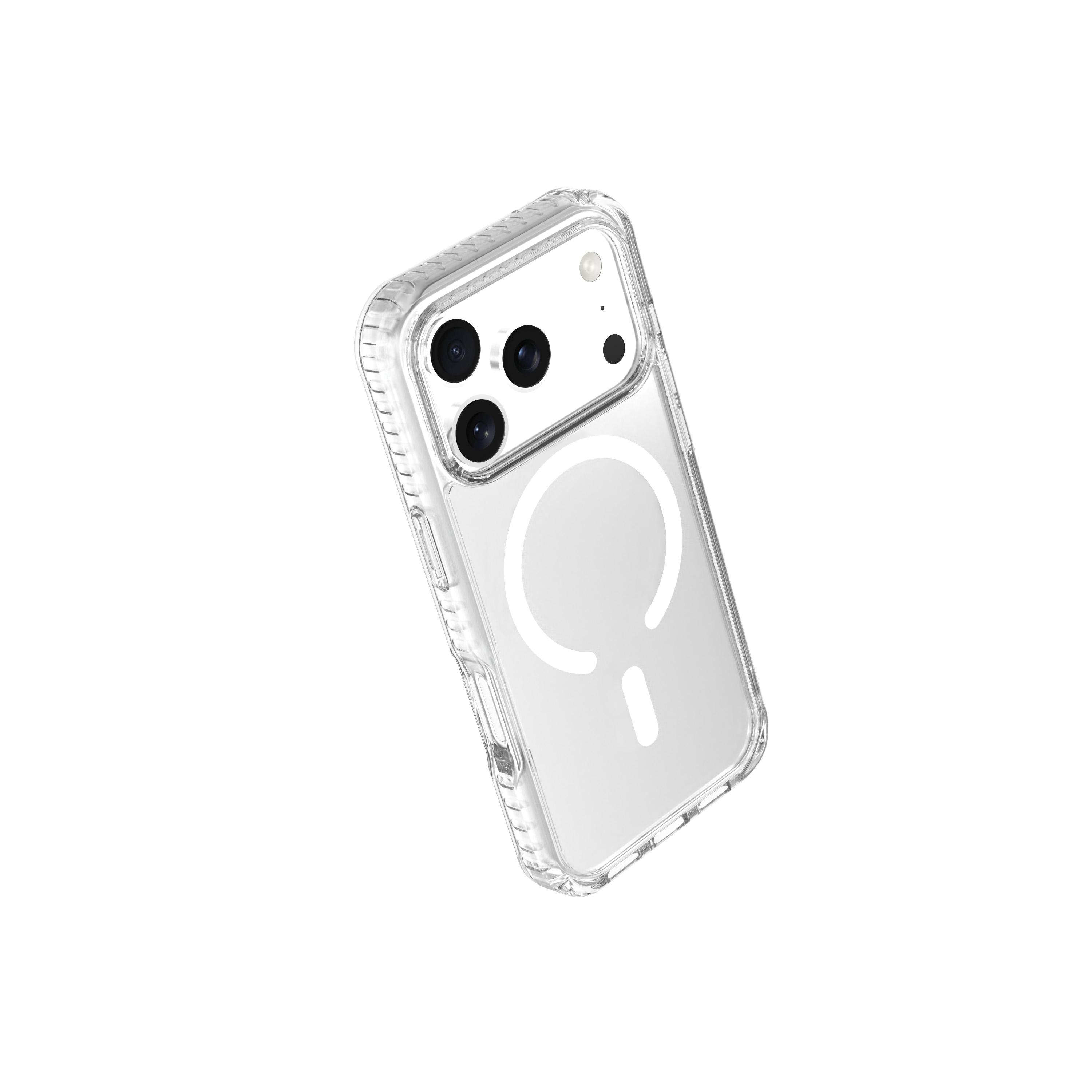 Beyaz arka planda MagSafe halkalı ve kamera kesikli şeffaf telefon kılıfı.