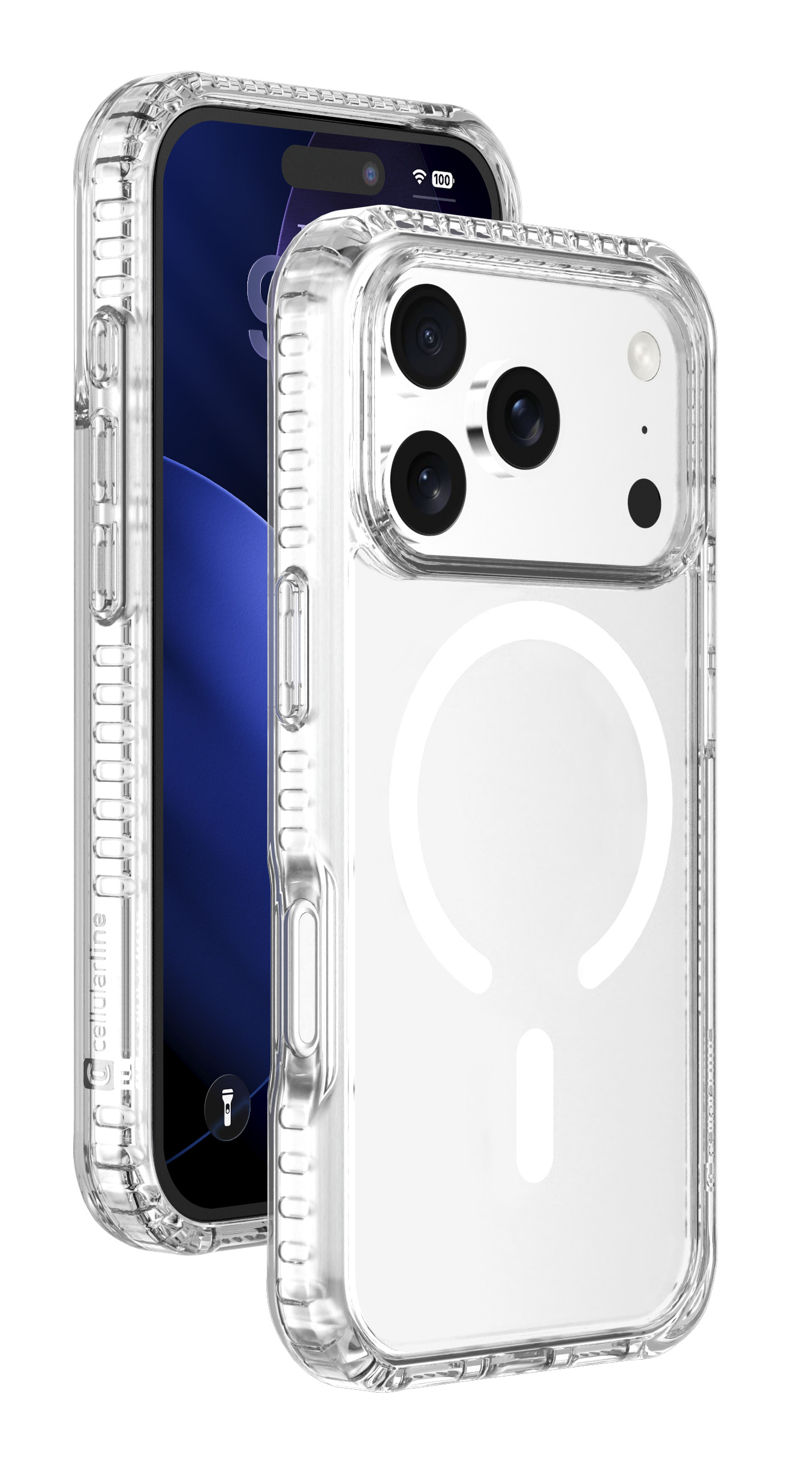 Ön ve arka görünümü gösteren şeffaf koruyucu kılıf içinde bir akıllı telefon.