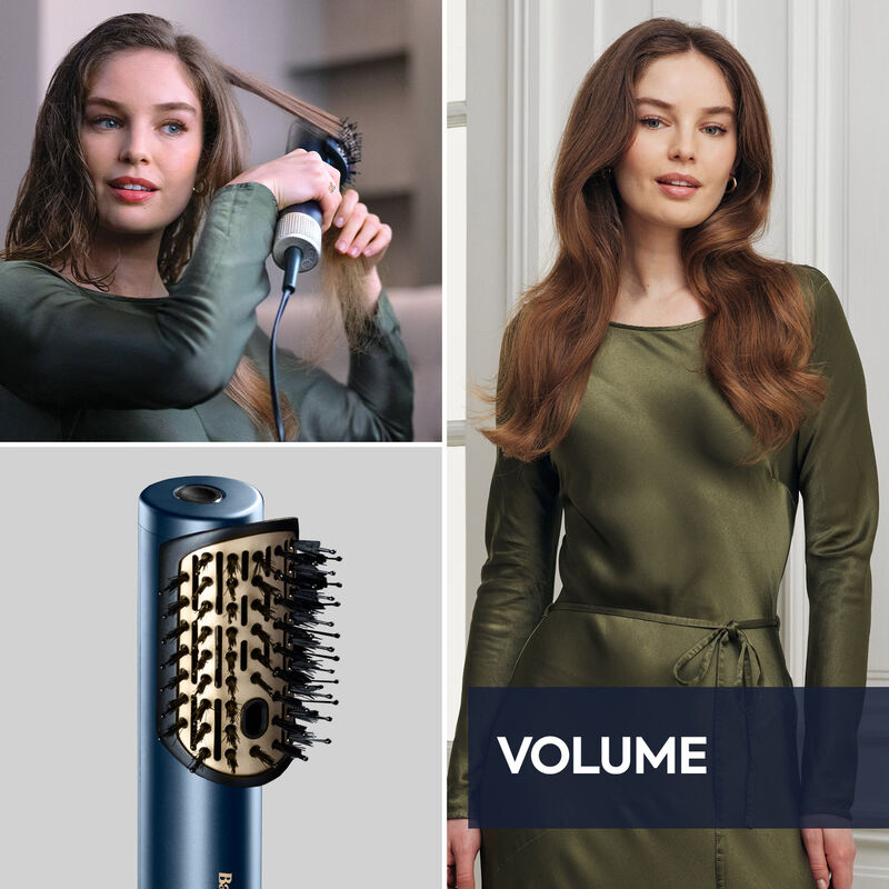 Une femme coiffe ses cheveux bruns avec une brosse volume, montrant le processus, le résultat final et la brosse.