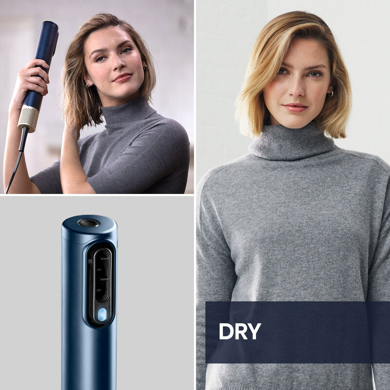 Une femme se coiffe avec un appareil bleu, gros plan sur l'appareil avec le mot DRY.