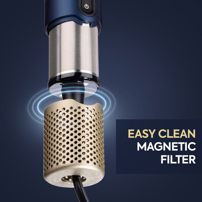 Un mixeur plongeant bleu avec un filtre magnétique facile à nettoyer.