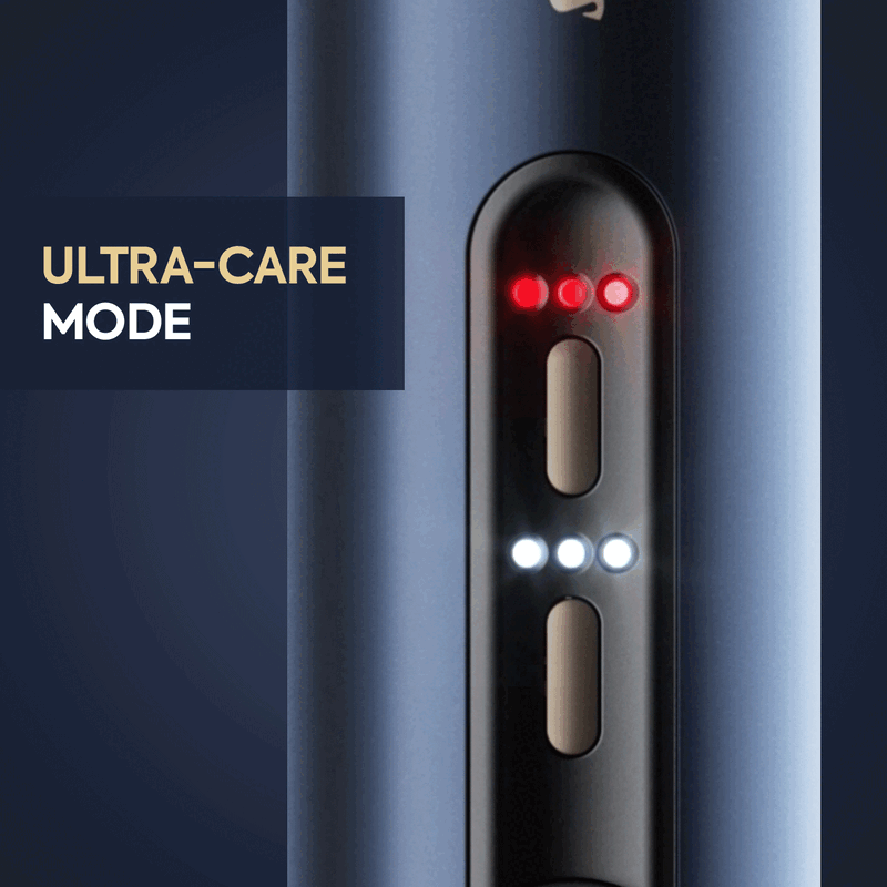 Mode Ultra-Care sur un appareil bleu avec des LED rouges et blanches.