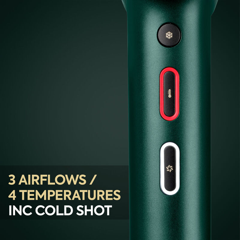 Grüner Haartrocknergriff mit drei Tasten und Text: 3 Airflows / 4 Temperatures inc cold shot.