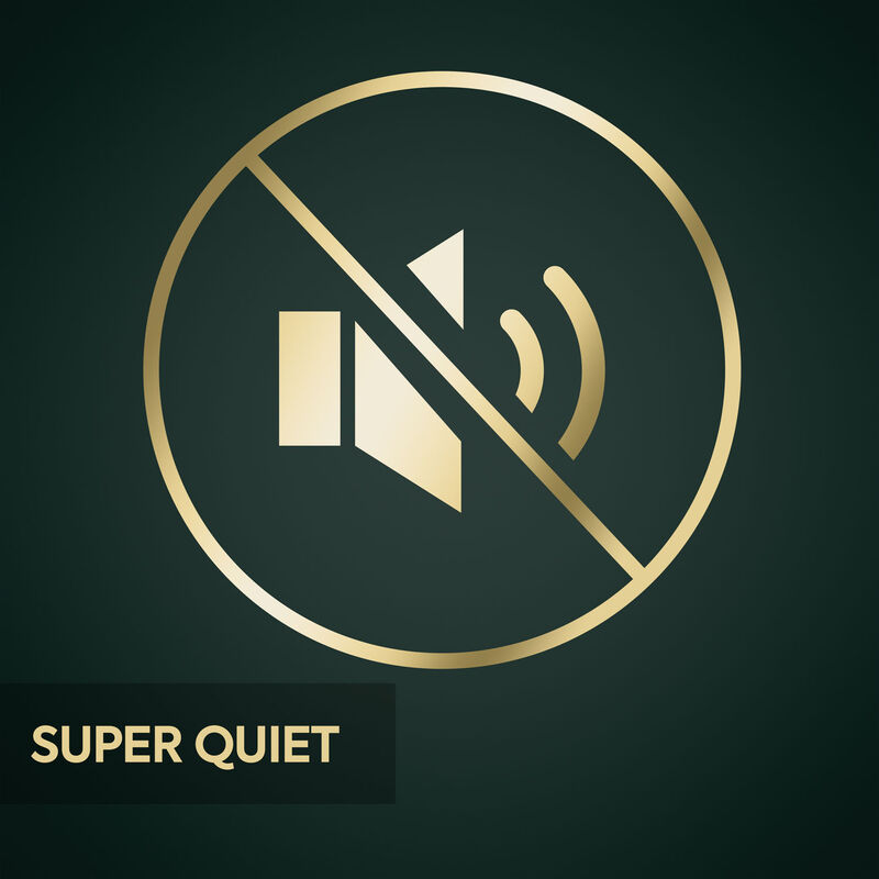 Ein gold umrandetes Stummschaltungssymbol mit diagonalem Strich auf dunkelgrünem Grund und dem Text SUPER QUIET.