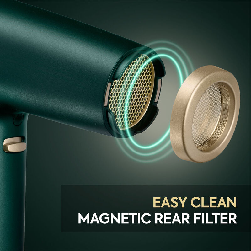 Grüner Haartrockner mit abnehmbarem goldenen magnetischen Rückfilter.