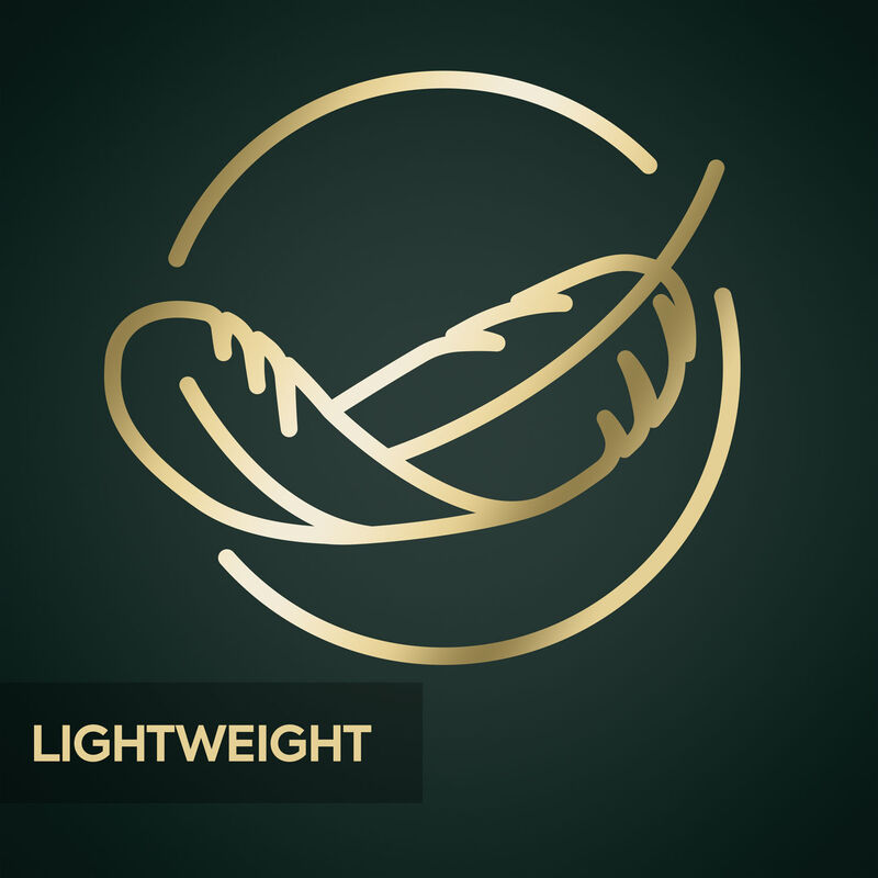 Goldene Feder in einem Kreisumfang auf dunkelgrünem Hintergrund mit dem Text LIGHTWEIGHT.