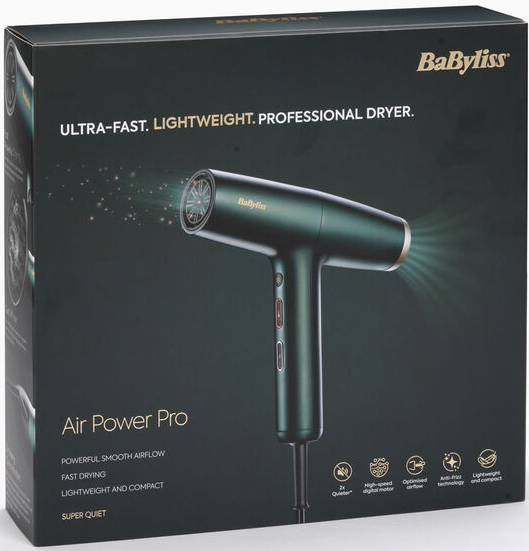 Verpackung des BaByliss Air Power Pro Haartrockners in Dunkelgrün mit goldenen Akzenten und technischen Details.