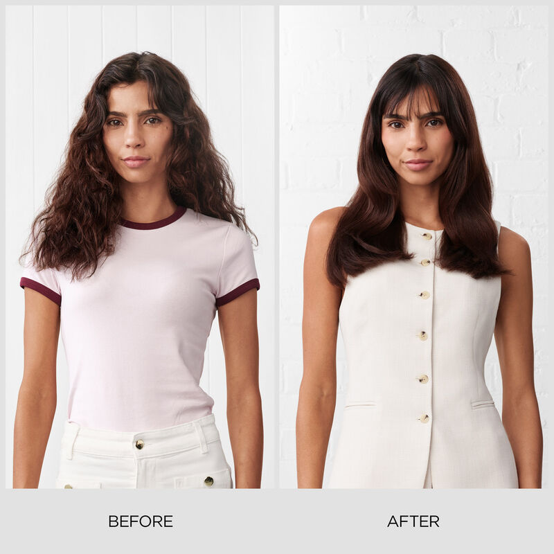 Comparaison avant-après d'une femme avec des cheveux bouclés et des cheveux lisses avec frange.