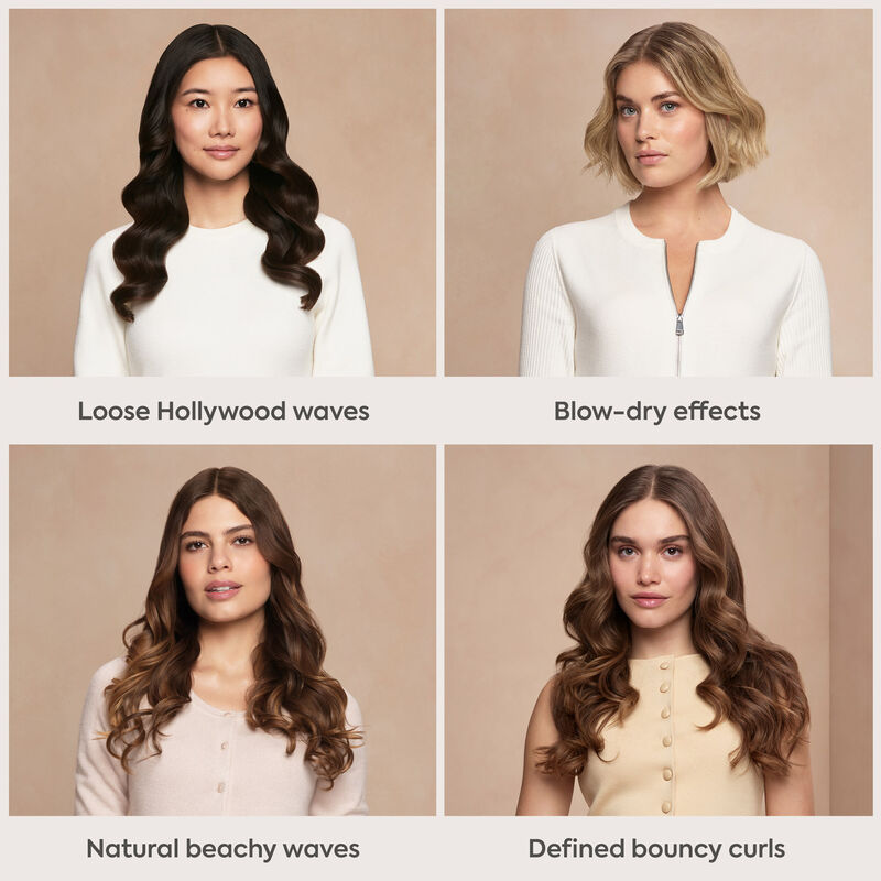 Quatre femmes présentant différentes coiffures comme des ondulations et des boucles sur fond beige.