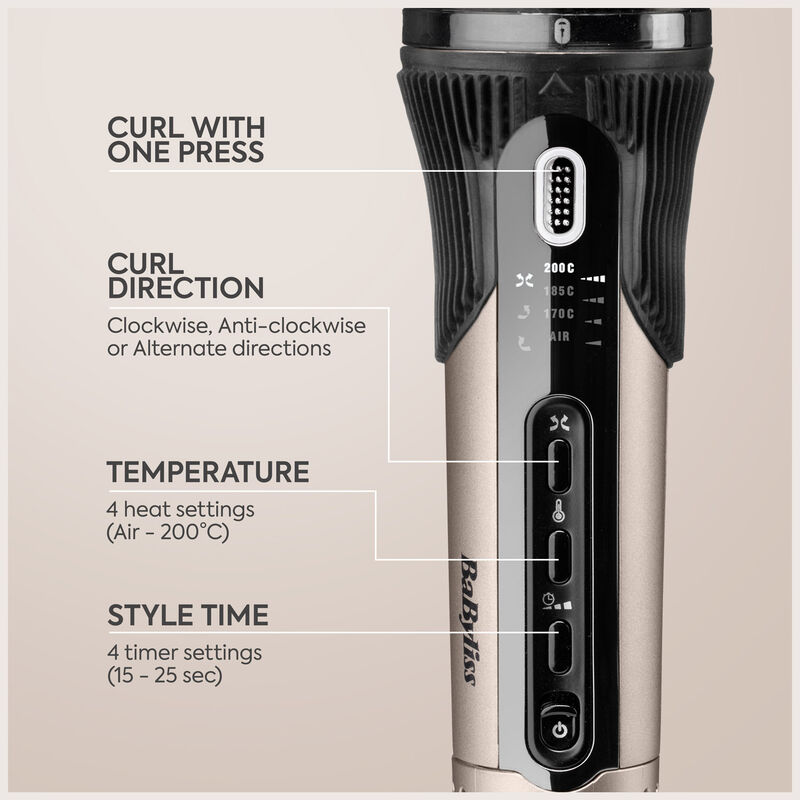Gros plan d'un boucleur Babyliss avec boutons de commande, réglages de température et de bouclage.