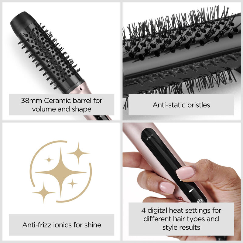 Quatre images montrent les caractéristiques d'une brosse coiffante avec tonneau en céramique et poils antistatiques.