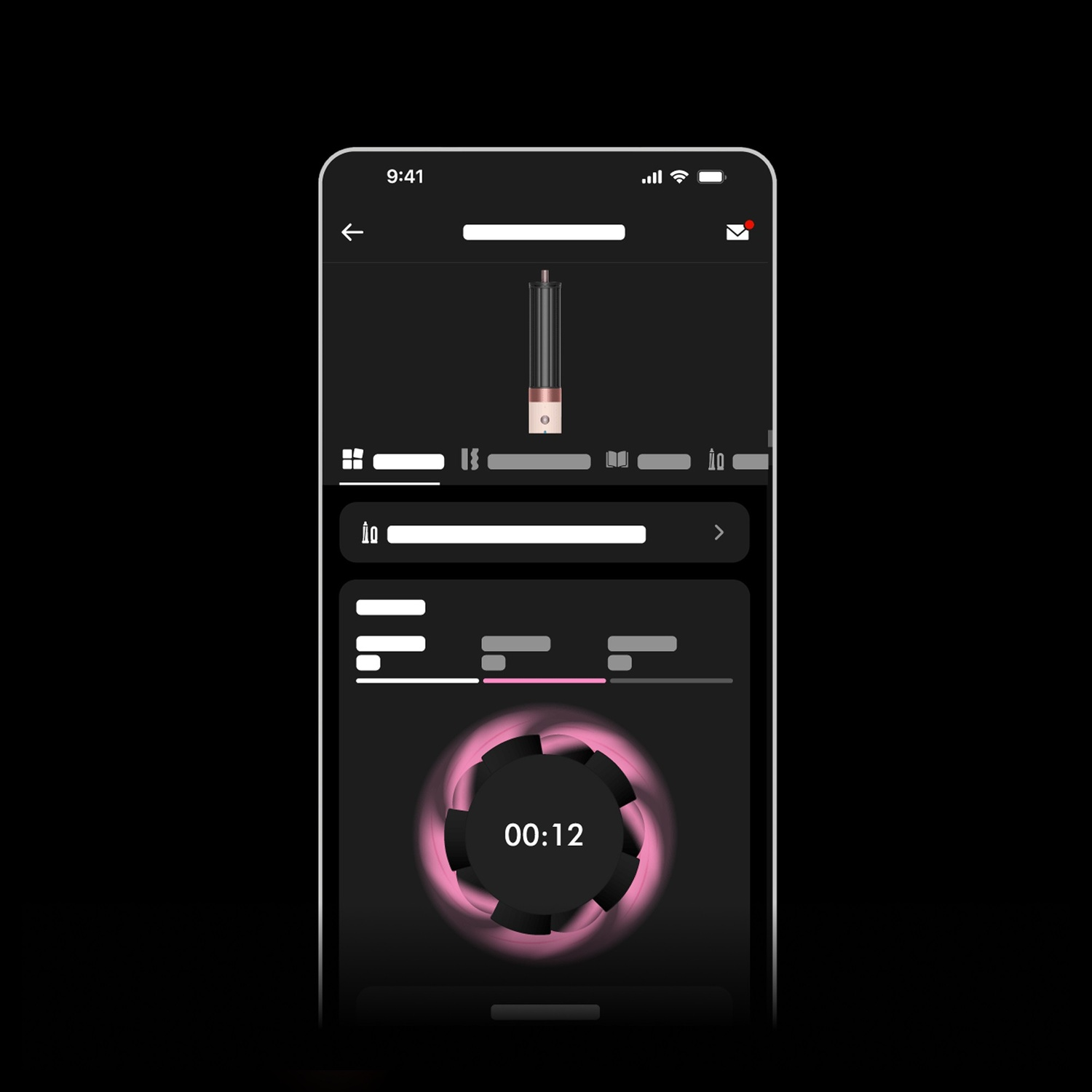 Smartphone con app scura, timer a 00:12, luce rosa e immagini di prodotti.