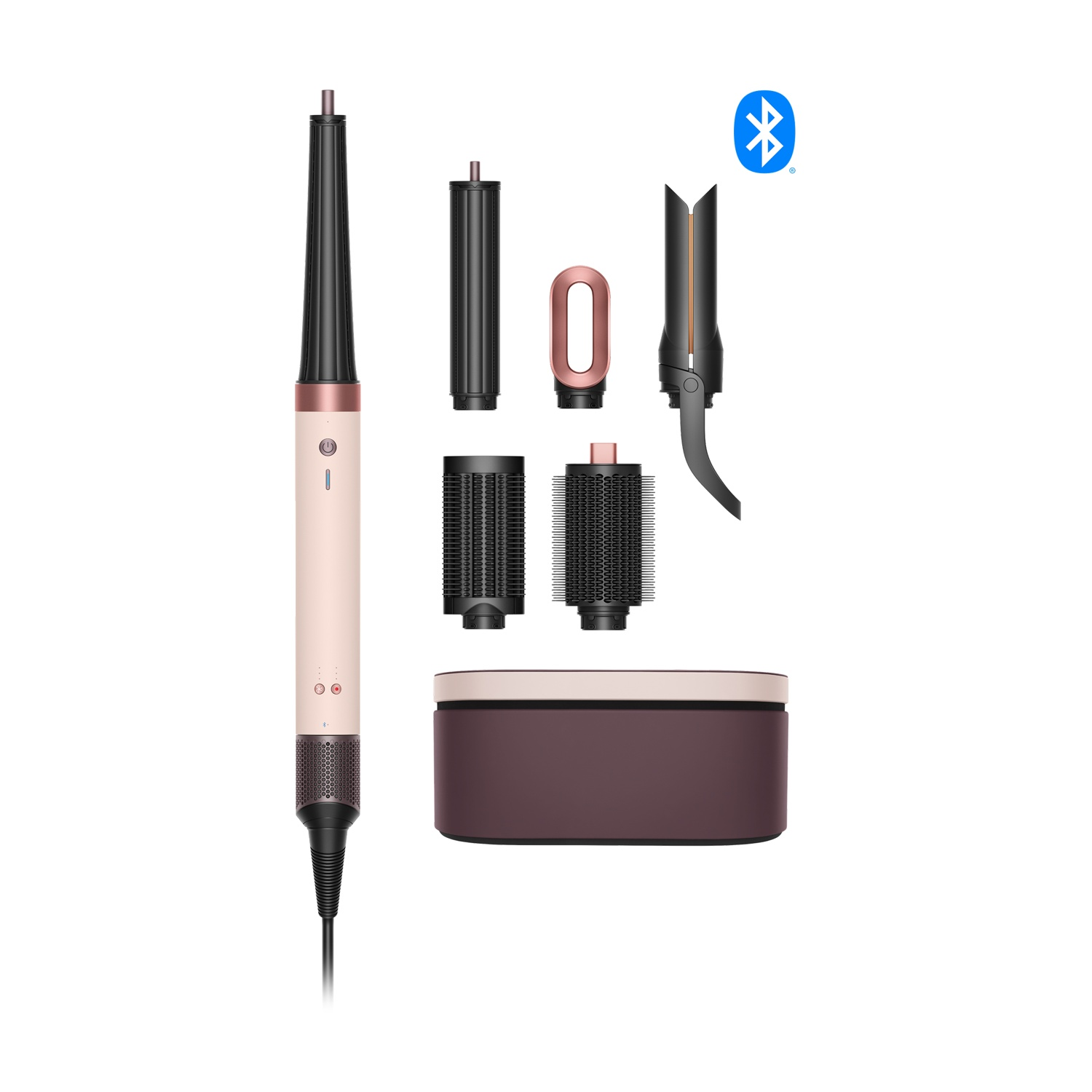 Styler per capelli rosa con vari accessori e custodia su sfondo bianco.