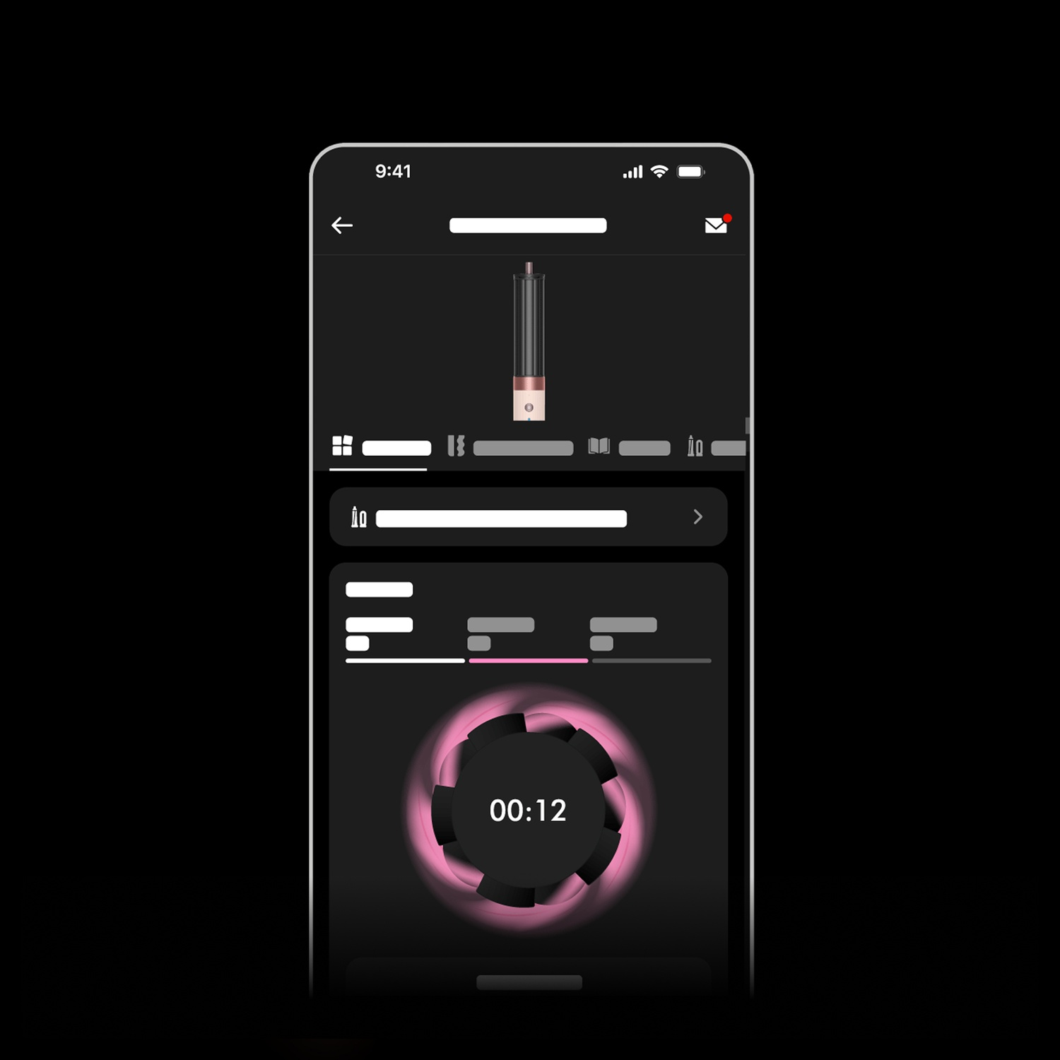 Schermata di app per smartphone con interfaccia scura, che mostra l'immagine di un arricciacapelli e un timer a 00:12.