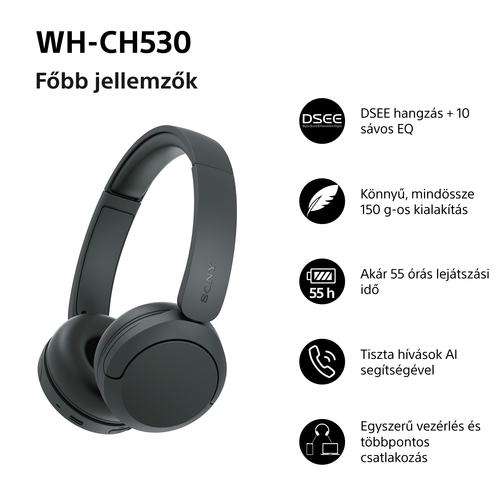 Sony WH-CH530 fekete vezeték nélküli fejhallgató funkció ikonokkal fehér háttéren.