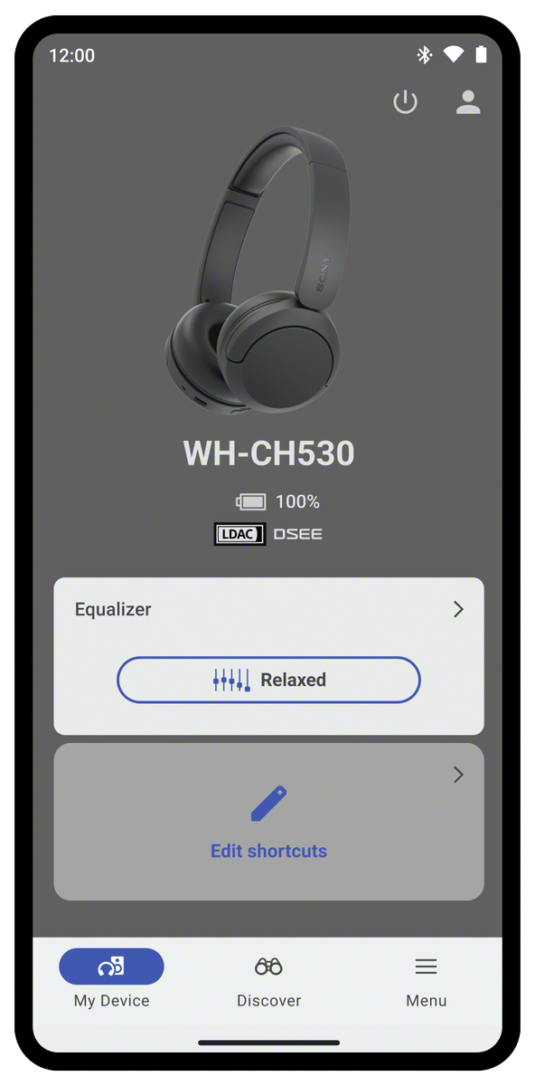Okostelefon képernyője a Sony WH-CH530 alkalmazással, equalizerrel és 100% akkumulátorral.