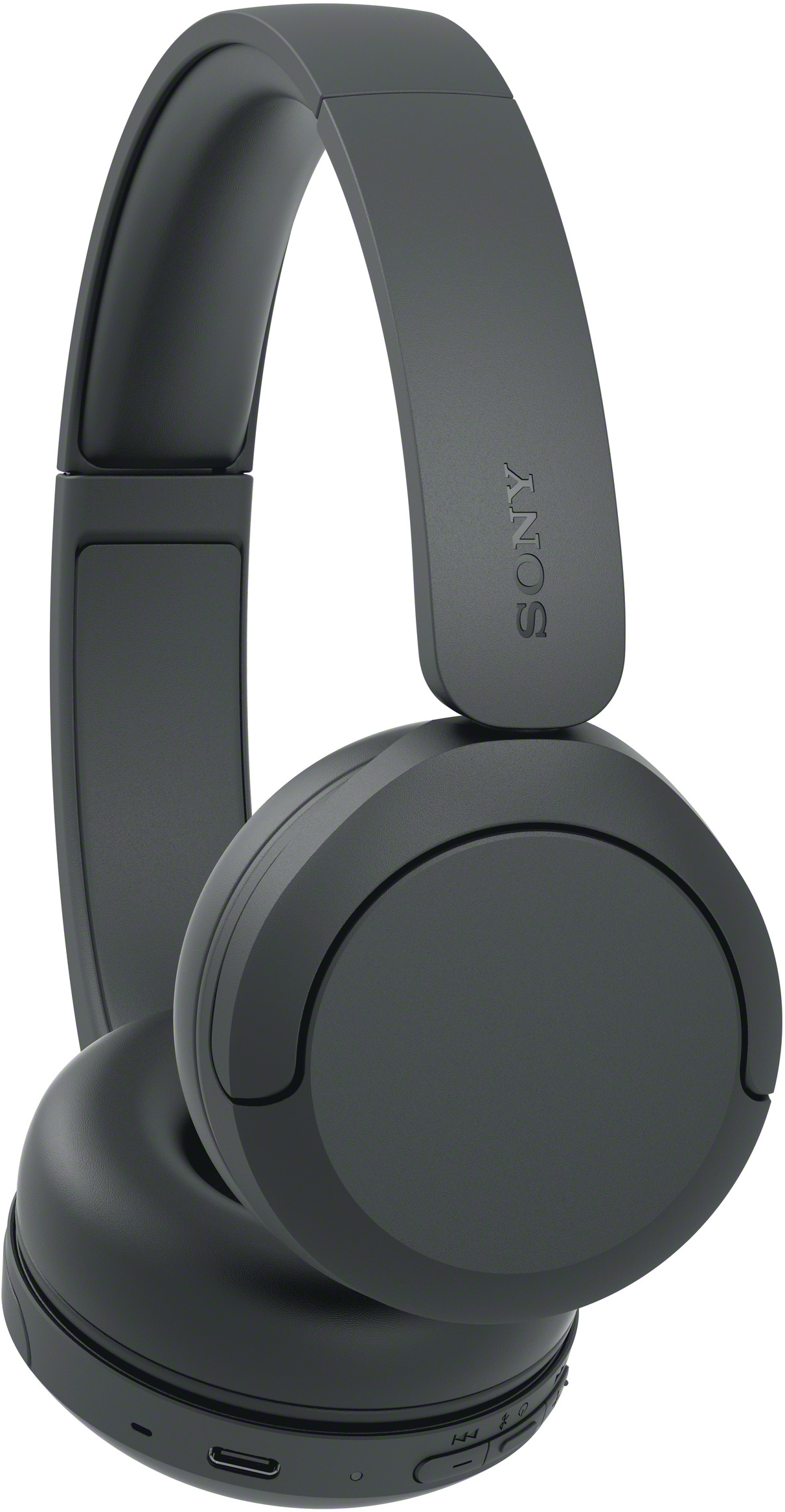 Sötétszürke vezeték nélküli Sony fülhallgató lekerekített dizájnnal és az alsó élen beépített gombokkal.