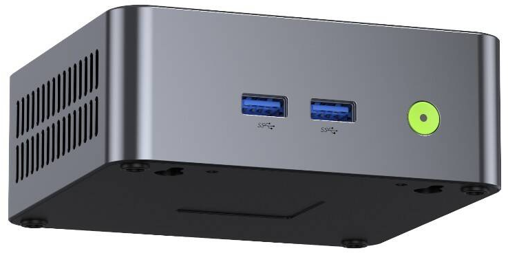 Kompakt szürke mini PC két USB-porttal és zöld bekapcsológombbal az előlapon.