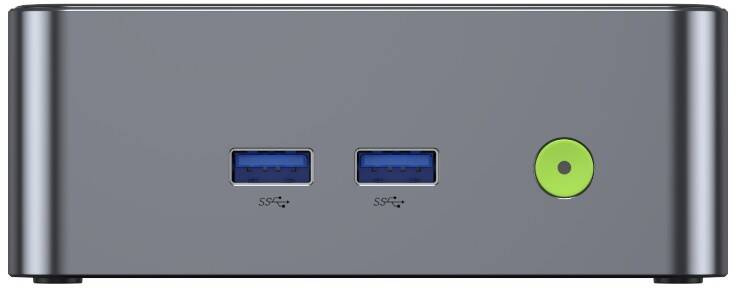 Szürke mini PC két kék USB-porttal és egy kerek zöld bekapcsológombbal az előlapon.