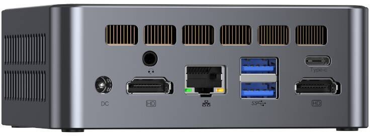 Egy mini PC hátulja, amelyen HDMI, USB, Ethernet, audio és tápcsatlakozók találhatók.