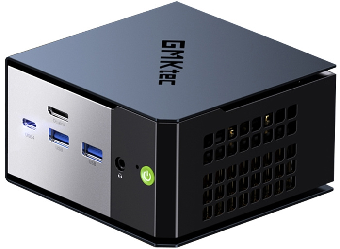 Kompakt szürke mini PC USB-portokkal, Oculinkkel és világító zöld bekapcsológombbal az előlapon.