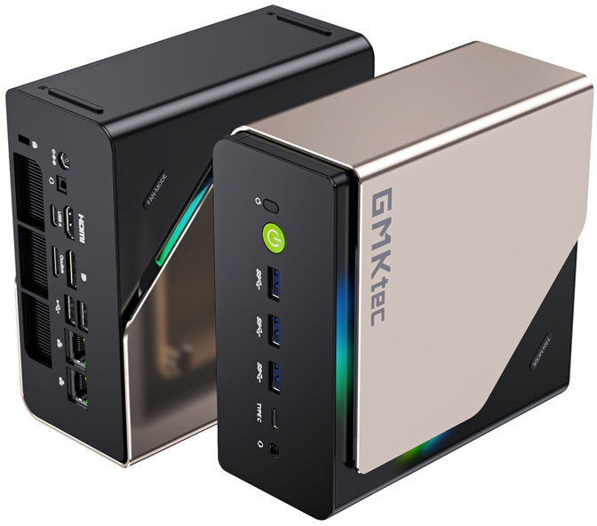 Két GMKtec mini PC, az egyik fekete, a másik pezsgőarany, fekete előlappal és RGB világítással.