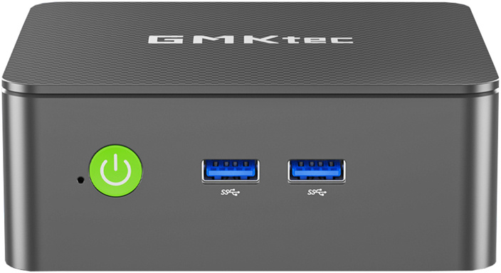 Szürke GMKtec mini PC zöld bekapcsológombbal és két USB-porttal.