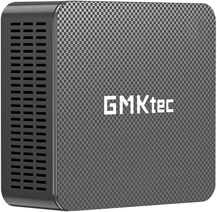 Fekete GMKtec mini PC szénszálas mintával a tetején és szellőzőnyílásokkal az oldalán.