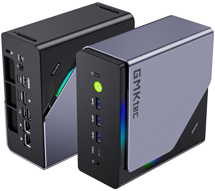 Két GMKtec mini PC portokkal és LED világítással fehér háttéren.